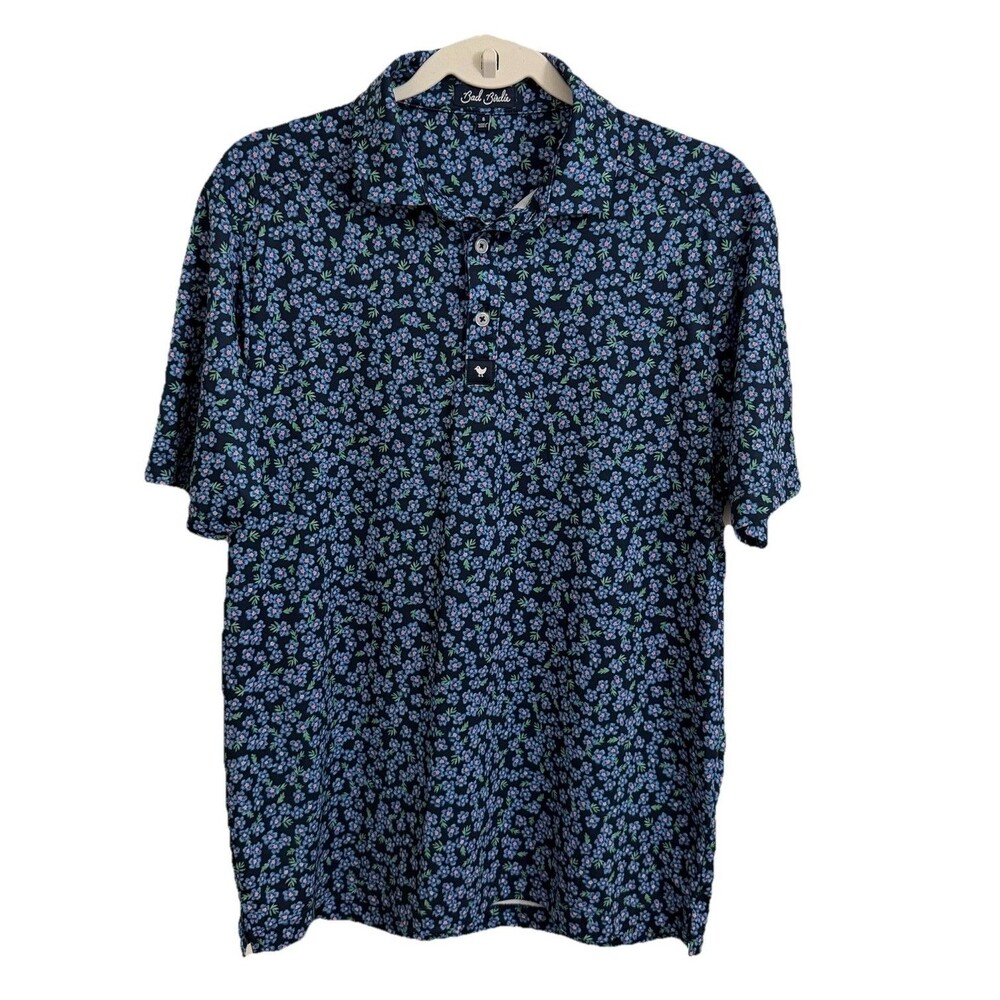 Bad Birdie Polo Shirt Mens Small Blue Floral Golf Performance Stretch Casual
